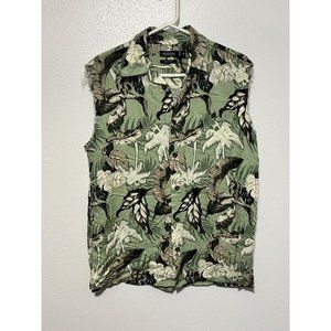 Consensus Tank Mens Hawaiian Shirt Button Up with Cut Off Sleeves Size M